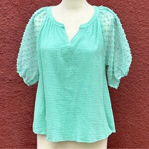 Umgee Plus Mint Swiss Dot Puff Sleeve Blouse